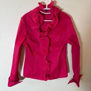 Samuel Dong Hot Pink Ruffle Neck Button Front‎ Blouse Shirt Women Medium